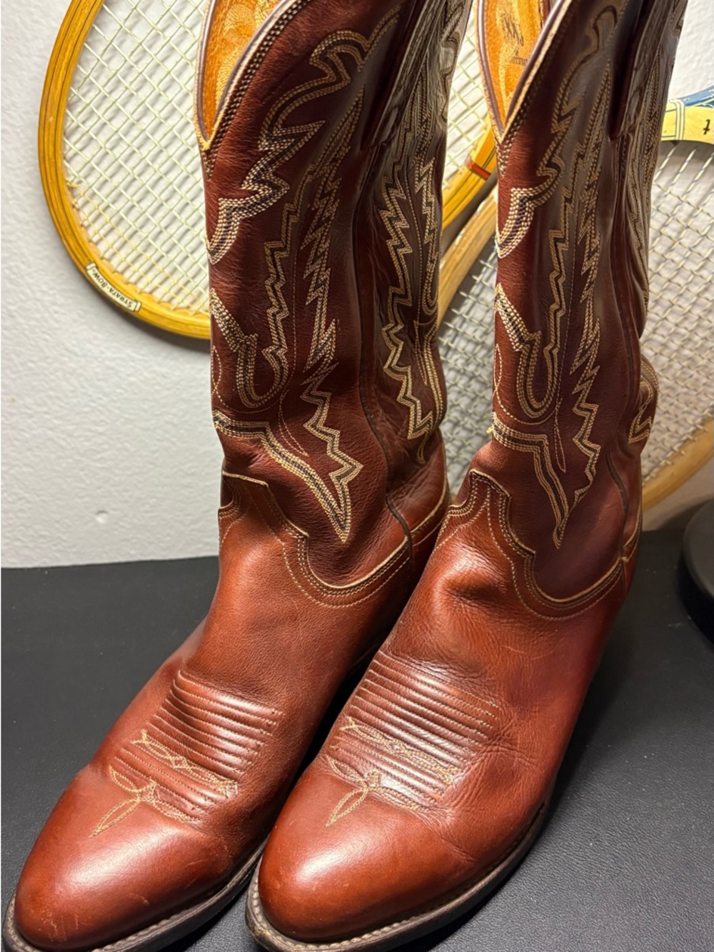 Lucchese Brown Leather Cowboy Boots with Embroidered Shaft 8.5D